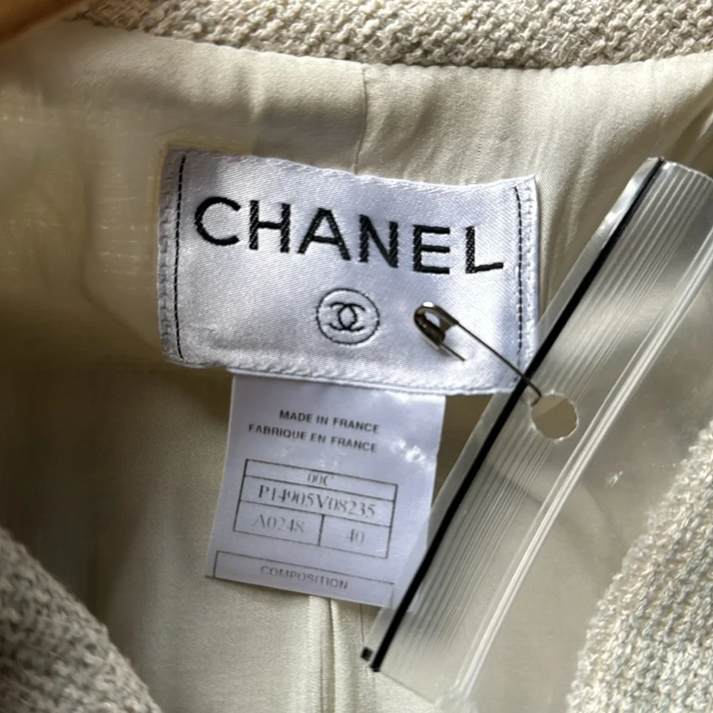 Chanel Vintage Tweed Cream Light Gray Wool Blend Long Sleeve Jacket | Sz 8 EU40 - Picture 6 of 9